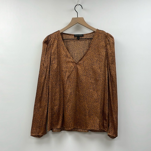 Banana Republic Soft Satin Puff Sleeve Animal Print Blouse Boho Brown Large - Picture 2 of 9
